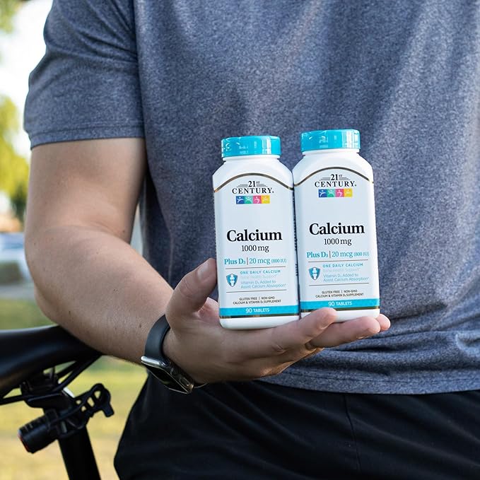 21st Century Calcium Plus D3 Tablets, (90 Count), 1000mg Calcium with Vitamin D3 20mcg (800 IU), Gluten-Free & Non-GMO, Bone Health Supplement for Men & Women, No Added Yeast or Artificial Flavors