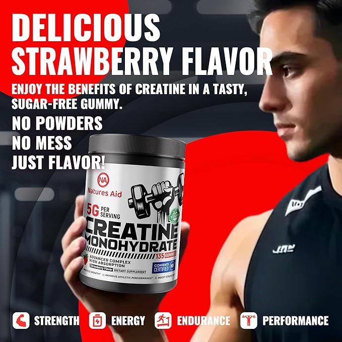 Natures Aid NSF Certified Creatine Gummy 5g - Creatine Monohydrate Gummies – Pre-Workout Energy & Muscle Growth Support for Men & Women | Strawberry Electrolyte Gummies (135 Count)
