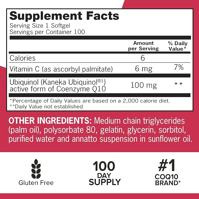 Qunol Mega Ubiquinol 100mg CoQ10, Superior Absorption, Patented Water and Fat Soluble Natural Supplement Form of Coenzyme Q10, Antioxidant for Heart Health, 100 Count Softgels