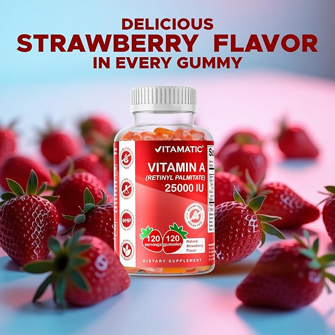 Vitamatic Sugar Free Vitamin A 25000 IU Gummies (Retinyl Palmitate) - Natural Strawberry Flavor - 120 Pectin Based Gummies (2 Bottles)