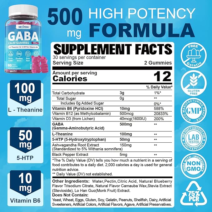 GABA Gummies 500 mg - Sugar-Free Calm Gummies with L Theanine, 5-HTP, Vitamins D3, B12, Ashwagandha, Melatonin-Free for Brain Calm, Mood, Zzz Better, GABA Supplement for Adult, Blueberry Flavor, 1Pack