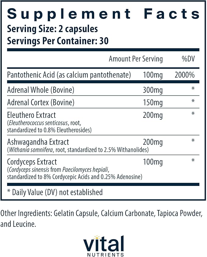 Vital Nutrients Adrenal Support - Adrenal Support Supplements for Gland Function and Cortisol Management - Supports Energy and Stress Levels - Gluten, Dairy, Soy Free - 60 Capsules