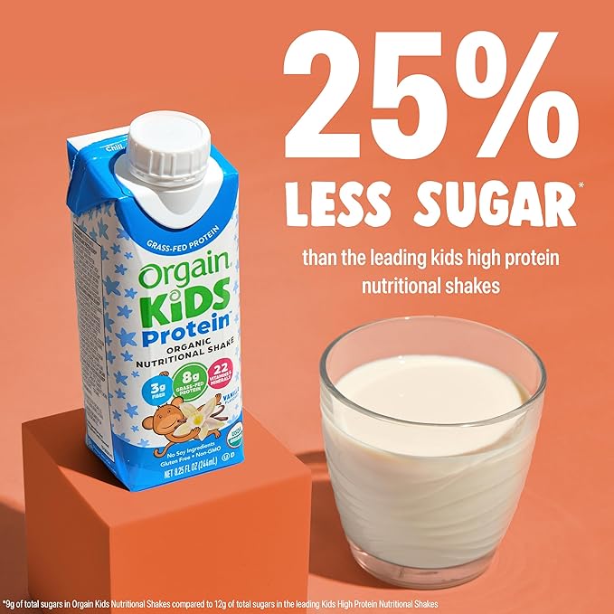 Orgain Organic Kids Nutritional Protein Shake, Vanilla, Healthy Kids Snacks, 8g Dairy Protein, 3g Fiber, 22 Vitamins & Minerals, No Soy ingredients, Gluten Free, Non-GMO, 8.25 Fl Oz (Pack of 12)