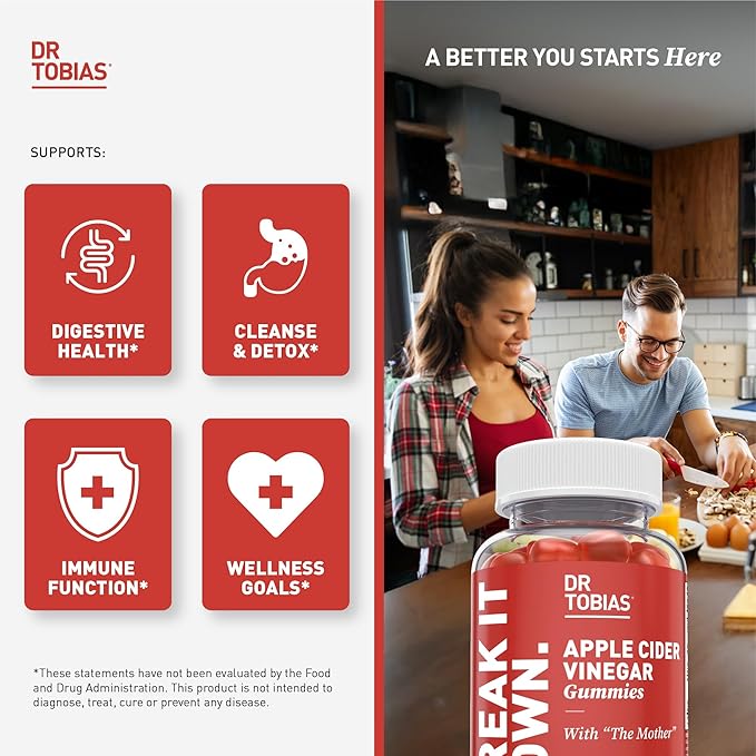 Dr. Tobias Apple Cider Vinegar Gummies with The Mother - 500mg ACV Per Serving, Plus Folate, B6, B12 & Iodine | Supports Digestive Health Gut Cleanse & Detox - Vegan (120 Gummies)