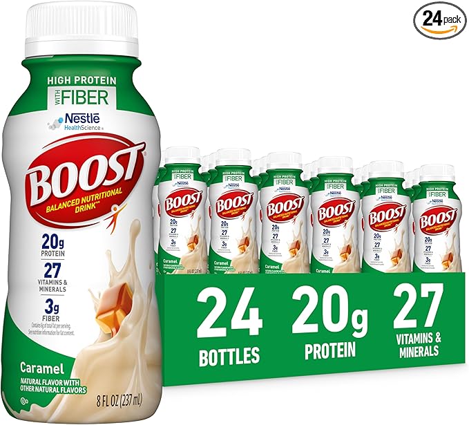 BOOST High Protein with Fiber Ready to Drink Complete Nutritional Drink, Caramel, 8 fl oz Bottle, 24 Pack