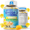 Vegan Omega-3 Gummies 1000mg + Turmeric - Omega 3 Fish Oil Alternative for Adults - Algae DHA 600mg & EPA 300mg, Vitamins A, C, E, Zinc & MSM, Sugar Free, 60 Cts