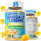 Vegan Omega-3 Gummies 1000mg + Turmeric - Omega 3 Fish Oil Alternative for Adults - Algae DHA 600mg & EPA 300mg, Vitamins A, C, E, Zinc & MSM, Sugar Free, 60 Cts