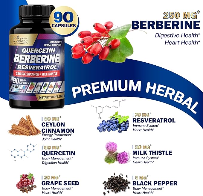 Organic Cadane 7in1 Pure Berberine Supplement with Quercetin, Ceylon Cinnamon, Resveratrol, Milk Thistle, Grape Seed, and Black Pepper - 90 Capsules for 3-Month Supply - Immunity Health Support