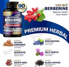Organic Cadane 7in1 Pure Berberine Supplement with Quercetin, Ceylon Cinnamon, Resveratrol, Milk Thistle, Grape Seed, and Black Pepper - 90 Capsules for 3-Month Supply - Immunity Health Support
