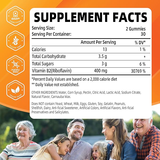 Vitamin B2 Gummies | Riboflavin 400mg | B2 Vitamin 400mg Chewable for Adults and Kids, Migraine Relief & Energy and Nervous System Support, Non GMO, Vegan - 60 Counts
