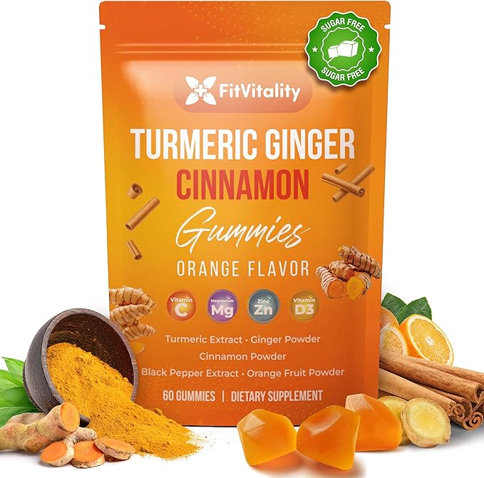 Premium 120 Turmeric Ginger Cinnamon Gummies – Vegan Gummies with Vitamin E, B12, Magnesium, Black Pepper Extract & Vitamin D3 – Orange Fruit Flavor