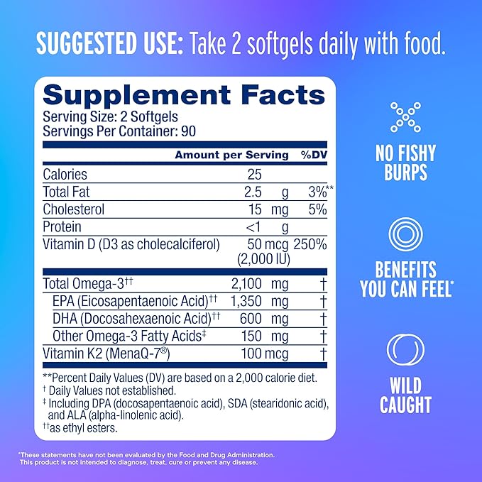 Oceanblue Professional Omega-3 2100 with Vitamin K2 & Vitamin D3 - Triple Strength Burpless Fish Oil Omega-3 Supplement with EPA & DHA - Wild Caught - Orange Flavor - 180 Count