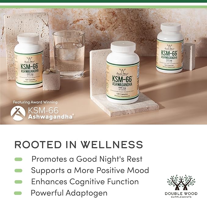 Double Wood Supplements Ashwagandha KSM 66 Organic and Clinically Studied Extract (600mg Per Serving, 120 Capsules, 60 Servings) Adaptogen Cortisol Manager for Women and Men
