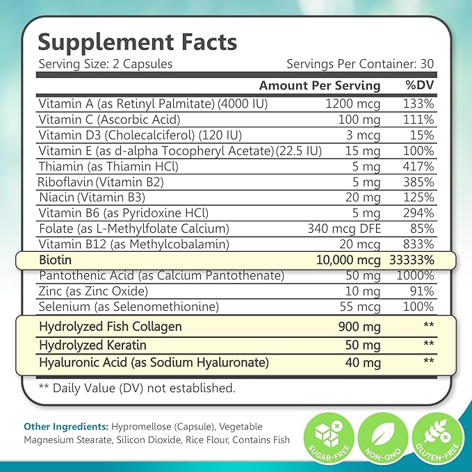 Biotin Collagen & Keratin – Hair, Skin & Nails Vitamins, 45,000 MCG Vitamin Complex (A, B1, B2, B3, B6, B7, C & E)–Biotin for Hair Growth for Women & Men, Hair Vitamins-60 Capsules–Made in USA