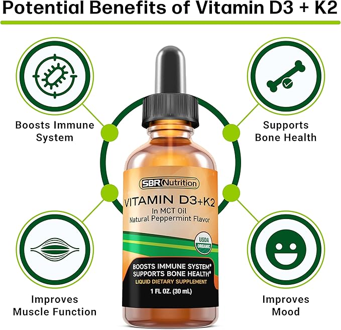 SBR Nutrition MAX Absorption, Vitamin D3 + K2 (MK-7) Liquid Drops with MCT Oil, Peppermint Flavor, Helps Support Strong Bones and Healthy Heart