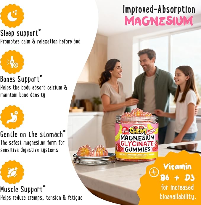 Center-Filled Magnesium Glycinate Gummies 400MG - High Absorption for Kids, Teens & Adults - Supplement for Sleep, Calm & Muscle Relaxation with B6 & D3 - Gluten Free & Vegan Friendly - 60 Count