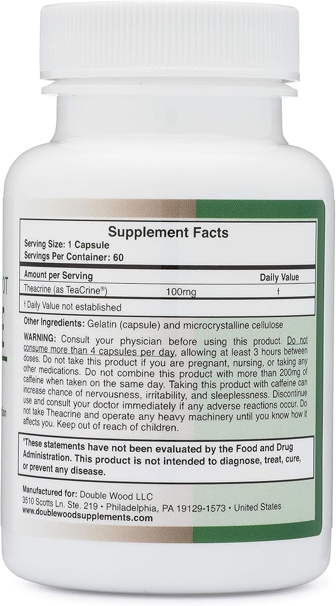 Theacrine (Teacrine) 100 Mg, 60 Capsules - Energy and Focus Supplement (Similar to Caffeine Pills but More Subtle and Longer Lasting) Non-GMO and Gluten Free by Double Wood