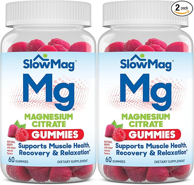 SlowMag Magnesium Citrate Gummies, 60 Count, Supports Muscle Health, Natural Berry Flavor, Recovery & Relaxation Pack of 2