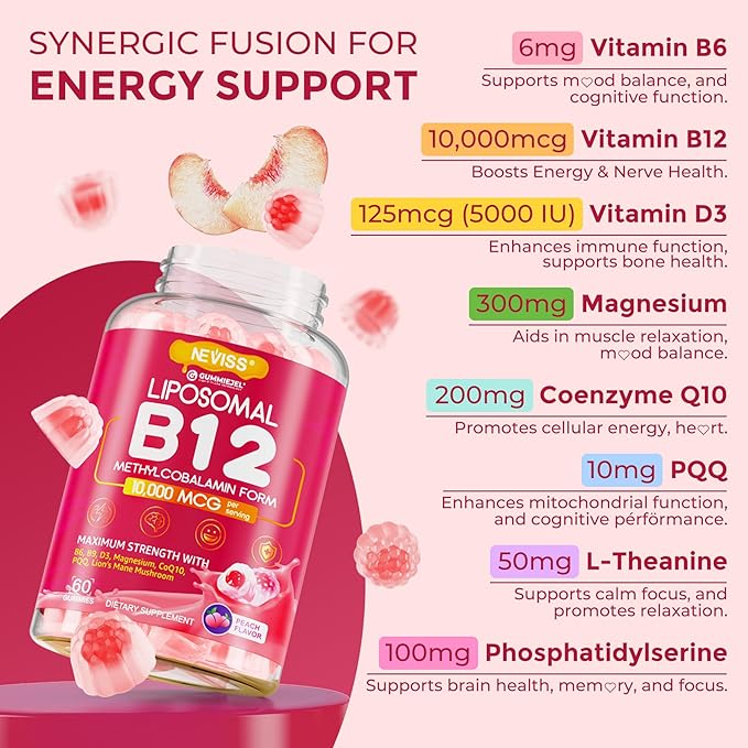 Methyl B12 Gummies 5000 mcg 10000 mcg w/L-Methylfolate, B6, D3 Vitamin C, Lion's Mane Mushroom, L-Theanine, CoQ10, Extra Strength Vitamin B12 Gummies Supplement - Energy, Focus, Brain & Immunity 1Pack
