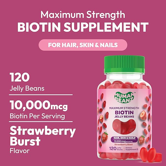 Biotin Jelly Bean Gummy Vitamins, Max Strength Biotin for Hair, Skin and Nails, 10,000mcg per Serving, Hair Growth Vitamins for Men and Women, 120 Strawberry Blast Jelly Beans, Kosher