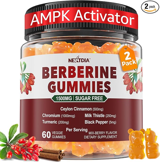 Berberine Gummies Supplement 1500mg, Natural GLP-1 Support + Ceylon Cinnamon, Chromium, Milk Thistle, Turmeric, AMPK Activator for Women & Men, Berberine HCl from Indian Barberry, Sugar Free, 2 Pack