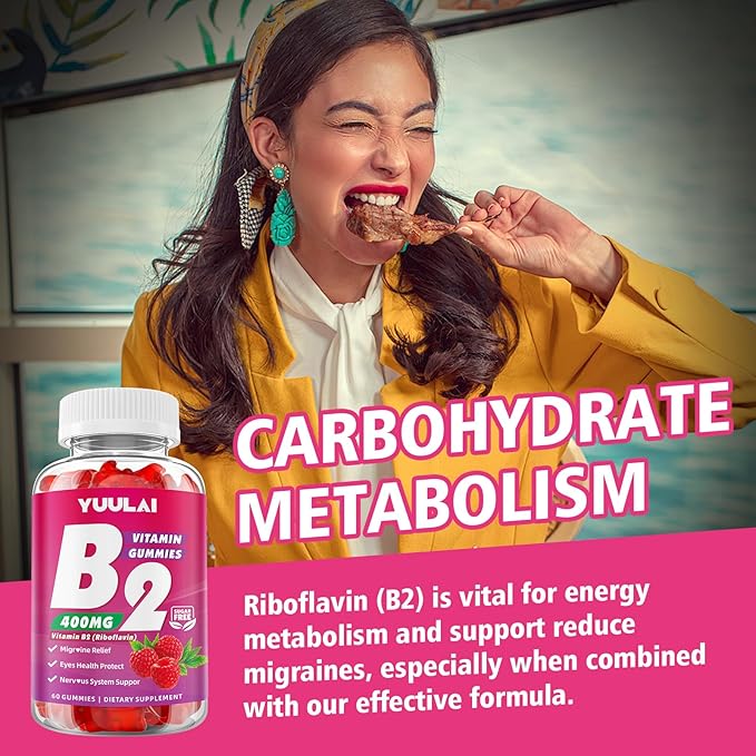 Vitamin B2 Gummies 400mg | Riboflavin Supplement with Magnesium for Kids & Adults, B2 Gummies for Migraine Relief, Nervous System & Skin Health, Vegan, Sugar-Free, Raspberry Flavor, 60 Count