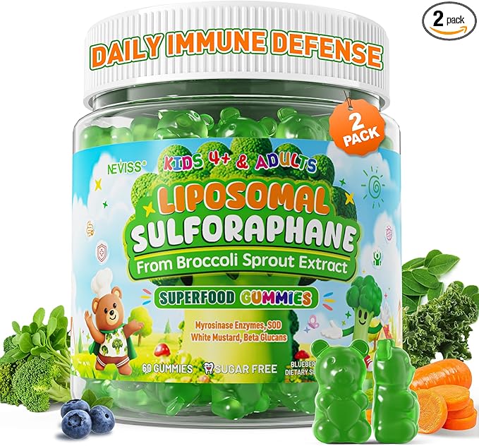 Liposomal Sulforaphane Gummies from Organic Broccoli Sprouts with Superfood, Beta Glucans, Myrosinase, White Mustard For Kids 4+ & Adults Immune, Cell Health, Antioxidants, Vegan, Sugar Free, 120cts