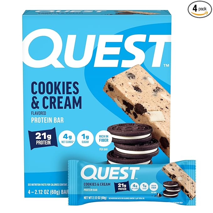 Quest Nutrition Cookies & Cream Protein Bars, 21g Protein, 4g Net Carbs, 1g Sugar, High Fiber, Gluten Free, Keto Friendly, 4 Count