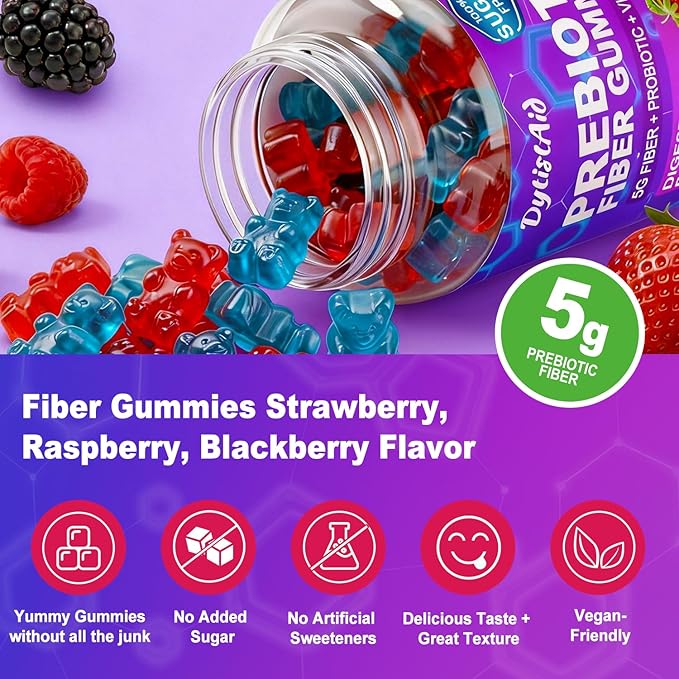 Prebiotic Fiber Gummies, 5g Fiber per Serving, 2 Billion CFU Bacillus Coagulans + Vitamin D3, Sugar Free Pectin Mixed Berry Gummies, Inulin (FOS) + Acacia + Apple Pectin, 60 Gummies (30 Servings)