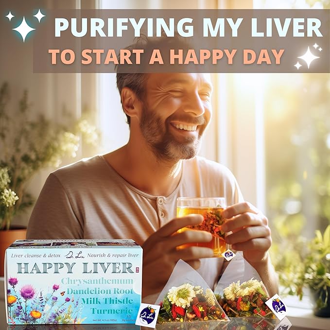 Dr. Lu’s Happy Liver Tea | 100% Natural Liver Cleanse Detox & Repair Tea Made in US | 11-Flavor Milk Thistle, Turmeric, Chrysanthemum, Licorice Root, Dandelion Root tea Blend for Liver Support