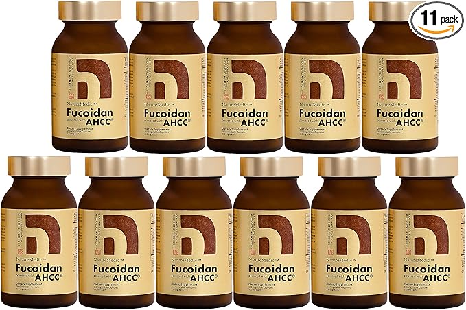 Fucoidan Powered with AHCC® Brown Seaweed Immunity Supplement with High Purity Mekabu Mozuku Agaricus 10 Bottles + Free 1 Bottle - 1760 Vegetable Capsules