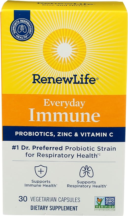 Renew Life Probiotic Everyday Immune Capsules, Daily Supplement Supports Respiratory and Immune Health, L. Rhamnosus GG and B. lactis Bl-04, Dairy, Soy and gluten-free, 10 Billion CFU, 30 Count