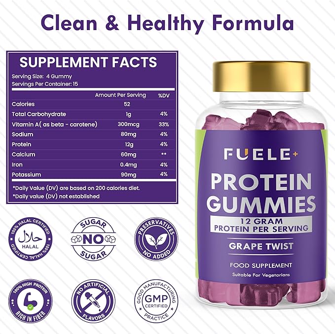 Protein Gummies – 12g High Protein Snack, Grape Twist Flavor, No Added Sugar, Whey Protein Gummies, Supports Muscle Recovery, Post Workout Supplement (60 Gummies)