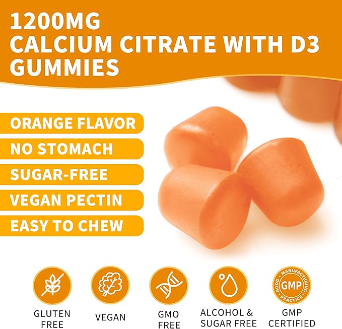 (3 Pack) Calcium Citrate 1200 mg Gummies with Vitamin D3, High Absorption Calcium Supplements for Women & Men, Sugar Free, Non-GMO, Gluten Free, Supports Muscle & Immune - Orange Flavor