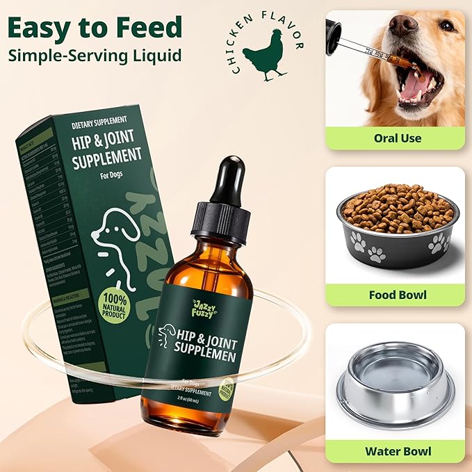 Hip & Joint Supplement for Dogs, Liquid Glucosamine Chondroitin for Dogs with MSM, Hyaluronic Acid & Collagen – Dog Joint Supplement for Mobility, Hip Support & Flexibility – Chicken Flavor, 60 mL