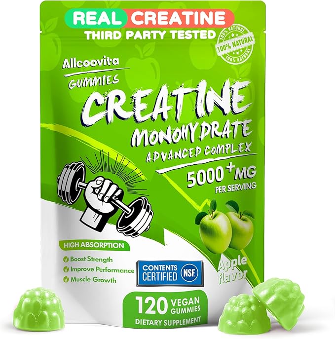 NSF Certified Creatine Gummy - Creatine Monohydrate Gummies 5000mg for Men & Women -120 Gummies Advanced Formula, Muscle Strength, Muscle Builder, Energy Boost, Pre-Workout Supplement-Apple
