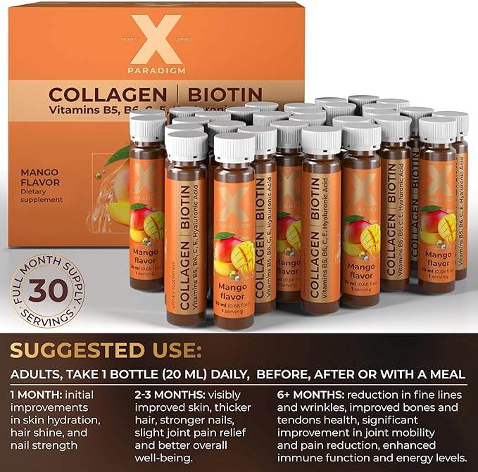 Liquid Collagen Peptides with Biotin & Hyaluronic Acid - 3000mg Hydrolyzed Collagen Type 1 and 3, Biotin 10000mcg, Vitamins B5, B6, C & E - Liquid Collagen for Women and Men, Collagen Shots