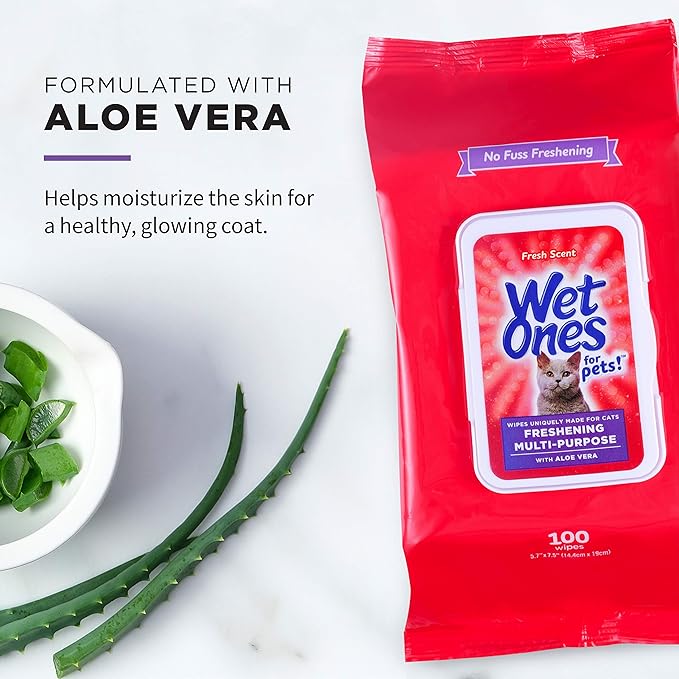 Wet Ones for Pets Freshening Multipurpose Wipes for Cats with Aloe Vera, Fresh Scent - Easy to Use Cat Cleaning Wipes for Pet Grooming, 100 Count