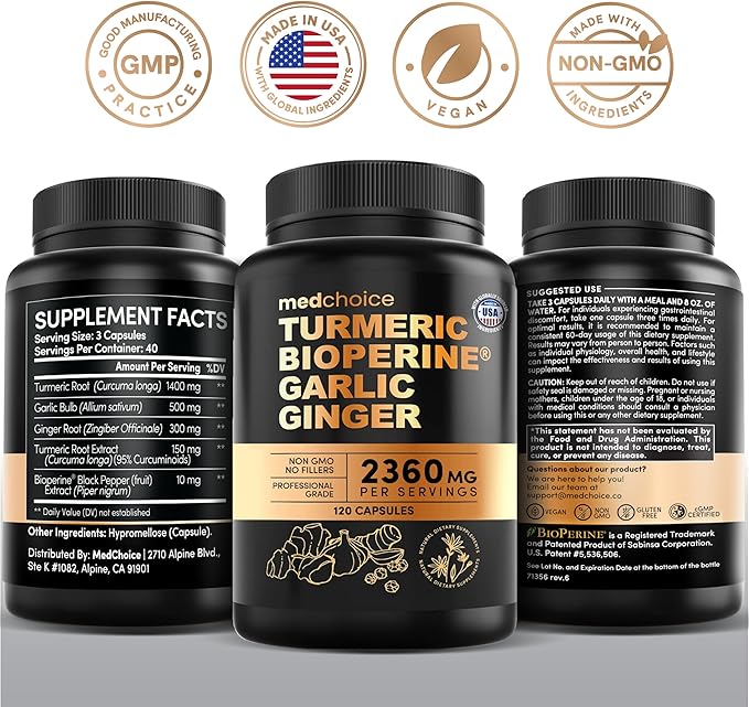 4-in-1 Turmeric Joint Support Supplements with Garlic and BioPerine - 2360 mg High Potency Herbal Blend for Mobility, Everyday Flexibility, Digestive Comfort, Active Aging Support (120ct, Pack of 2)
