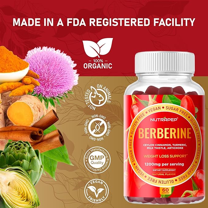 Premium Berberine HCl Weight Loss Support Gummies - 1200 mg Berberine HCl with Ceylon Cinnamon Turmeric Milk Thistle Artichoke for Metabolism Appetite Support - Sugar Free Gluten Free