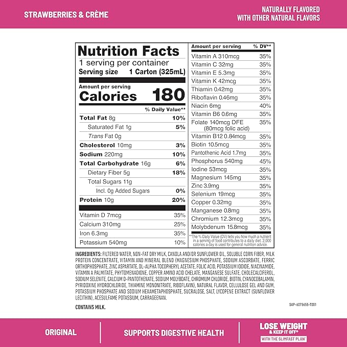 SlimFast Meal Replacement Shake, Original Strawberries & Crème, No Added Sugar, Meal Replacement Shakes, 10g Ready to Drink Protein, 5g Fiber, 25 Vitamins and Minerals, 11 Fl. Oz, 12 Count