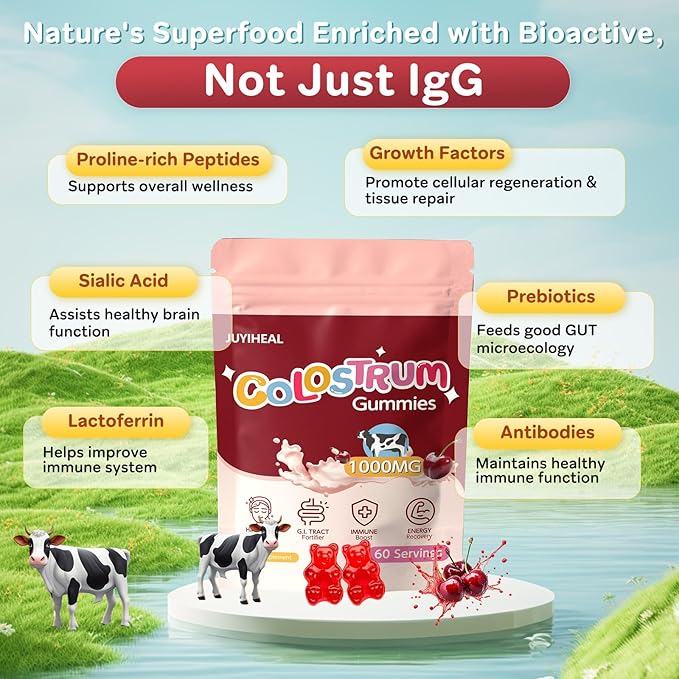 Colostrum Gummies, 1000 mg Grass Fed Colostrum Chews Colostrum Supplement for Gut Health, Hair Growth, Beauty, and Immune Support, Cherry Flavor 60 Servings