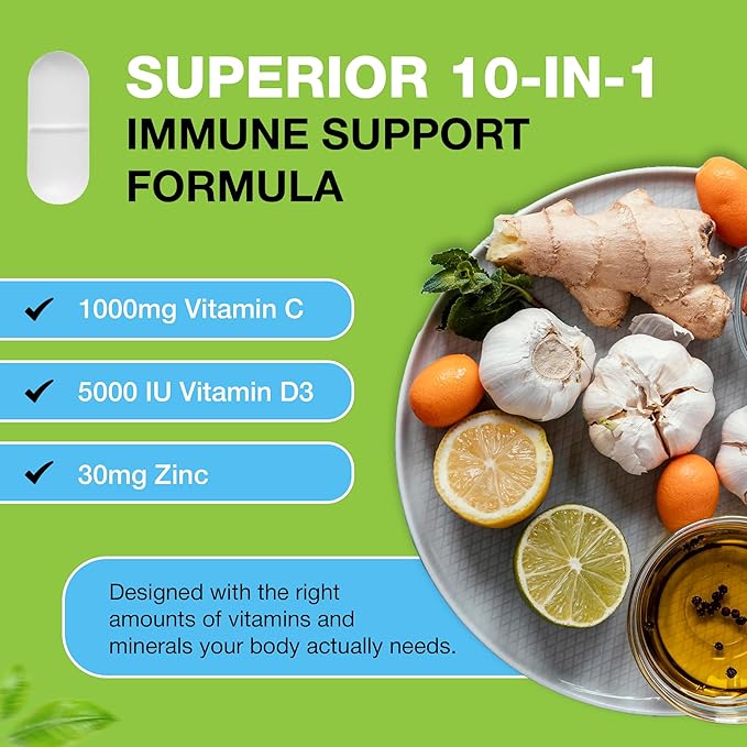 10 in 1 Immune System Support Supplement - Vitamin C (1000 mg), Quercetin, Vitamin D3 (5000iu), Zinc (40 mg), Elderberry, Echinacea, Turmeric, Ginger, Garlic, Black Pepper
