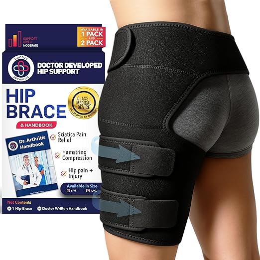 Dr. Arthritis Hip Brace, Adjustable Sciatic Nerve Brace & Stabilizer for Pulled Muscles & Injury Recovery, Hamstring Compression Sleeve Support, Sciatica Pain Relief Devices for Men & Women (BLK, S/M)