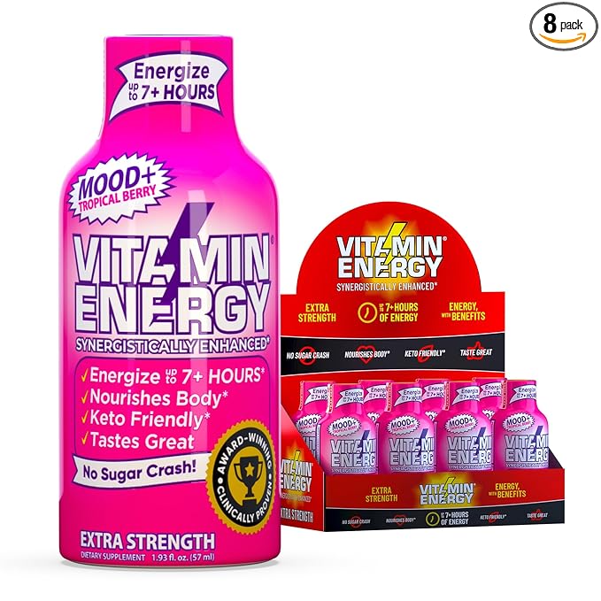 Vitamin Energy Mood+ Extra Strength Energy Shot Tropical Berry 8 Pack, 260mg Natural Caffeine, B-Vitamins, Rhodiola, Chamomile, Mood & Energy Support, Zero Sugar, Gluten-Free, Vegan, 1.93 fl oz