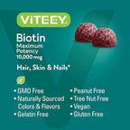 Viteey Biotin Gummies for Hair Skin and Nails - Biotin for Hair Growth Gummies - 10,000 mcg - Vegan, Gluten-Free, Non-GMO – 120 Count