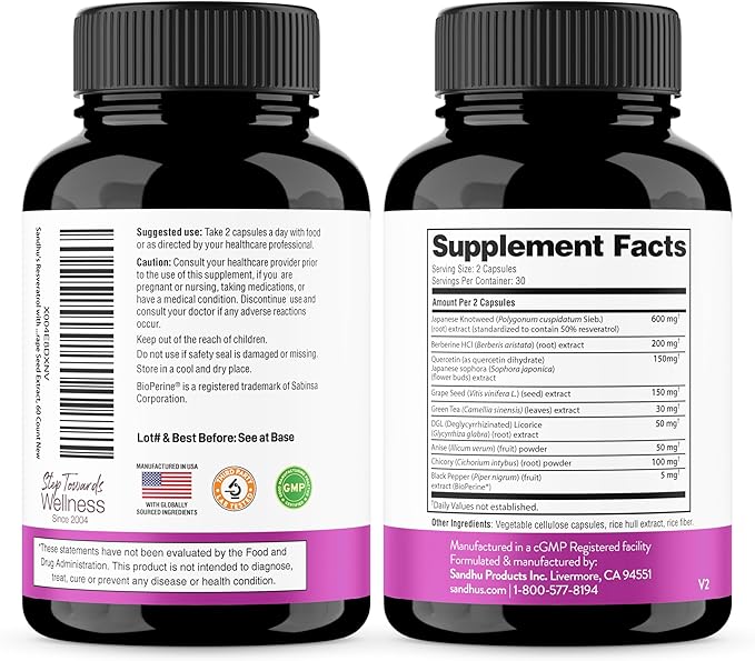 Resveratrol with Berberine Supplement For Gut Health Support | 120 Digestive Capsules For Women & Men | With Green Tea Extract, Star Anise, DGL, Grape Seed, Quercetin | Helps Ease Bloating & Digestion