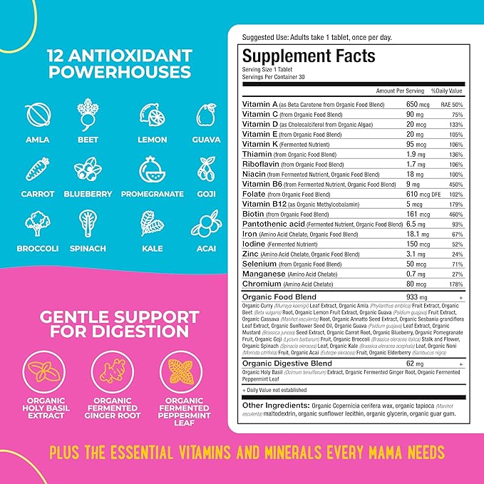Mama Natural Organic Prenatal Vitamins for Women Vegan (30 Servings) | One A Day Prenatal Vitamins for Pregnant Women | Food Based, Non-GMO & Gluten-Free - Pre Natal Multivitamin with Folate