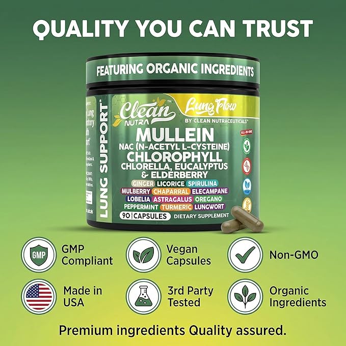 Clean Nutra Mullein Leaf Extract for Lungs Cleanse NAC Supplement Chlorophyll Chlorella Elderberry | Lung Detox for Smokers | Ginger Licorice Astragalus Oregano Turmeric Respiratory Support Capsules