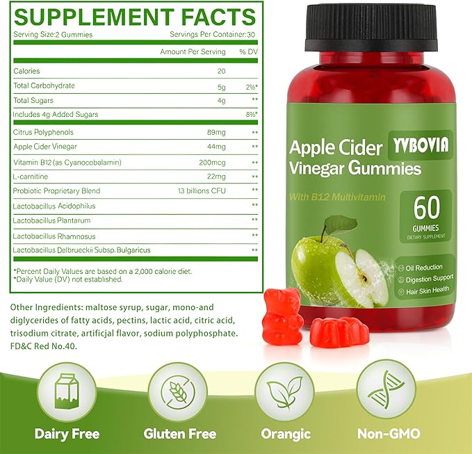 Apple Cider Vinegar Gummies with B12, ACV Supplement Gummy Vitamins,Gluten Free, Vegan, Non-GMO, 120 Count